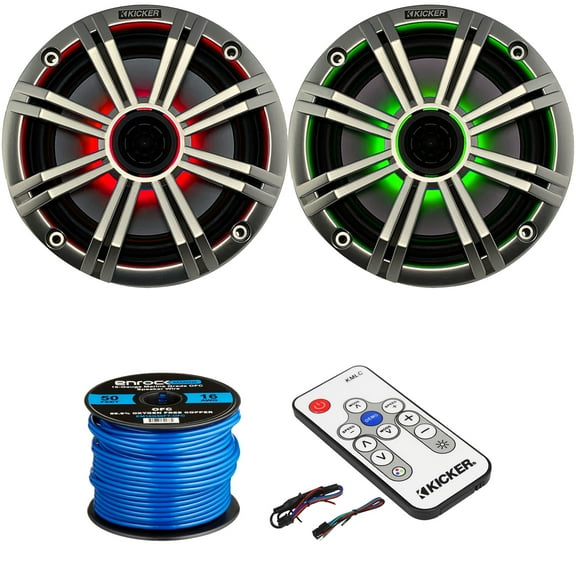 1 Pair (2 Speakers Total) of Kicker 6.5" OEM Replacement 150W Marine Coaxial 2-Way MultiColor LED Speakers (Silver Grilles), LED Lighting Remote Controller, 16-Gauge Speaker Wire