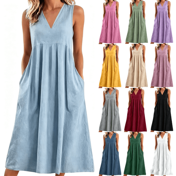 XUNKUSGA Cotton Linen Midi Dresses for Women Fashion Casual V-Neck Summer Dress Lightweight Solid Color Sleeveless Long Sundresse with Pockets