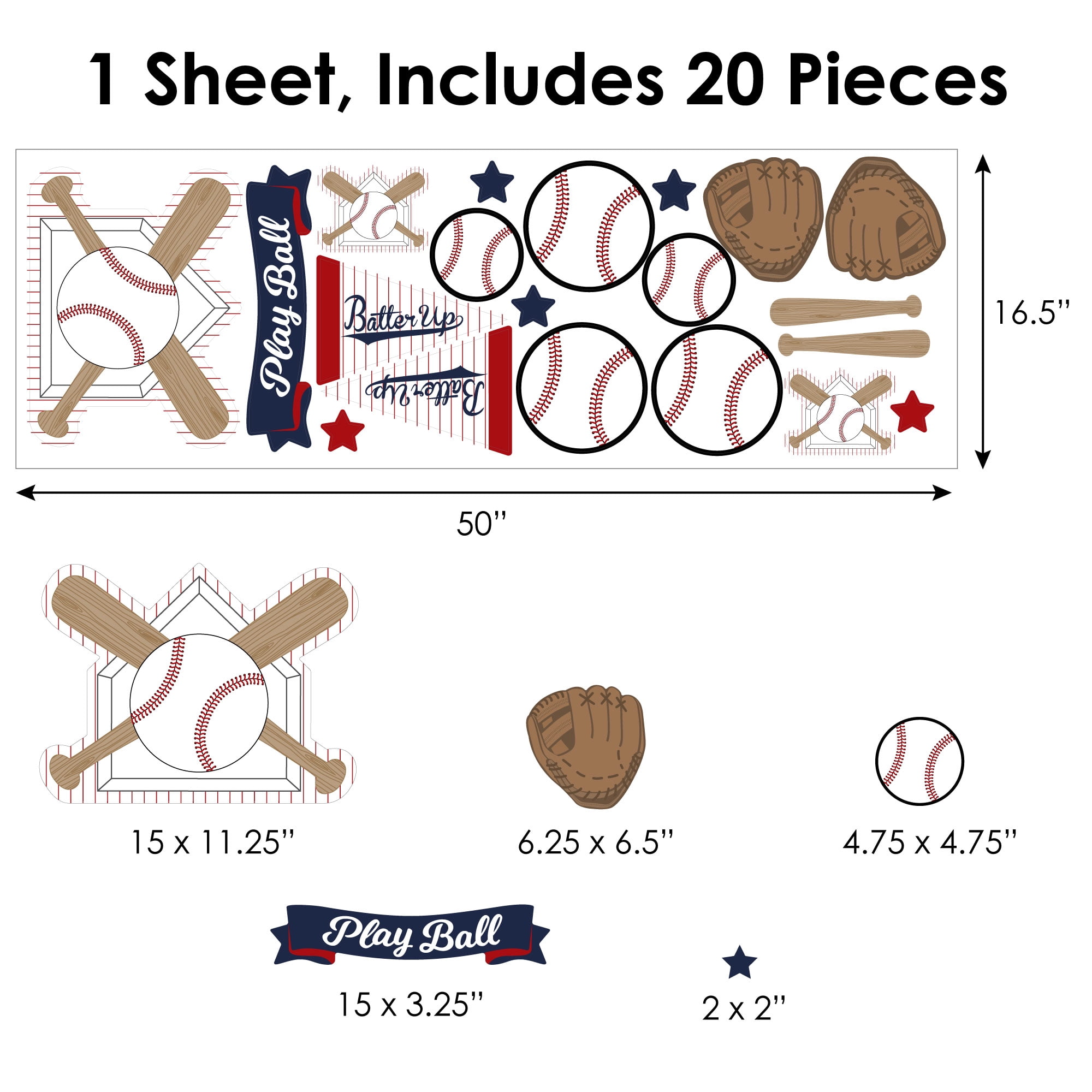 Big Dot of Happiness Batter Up - Baseball - Peel and Stick Sports Decor Vinyl Wall Art Stickers - Wall Decals - Set of 20