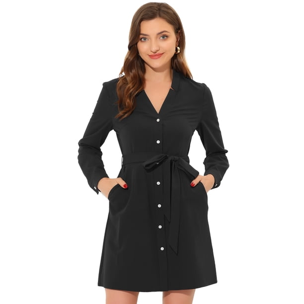 INSPIRE CHIC Vestido camisero de manga larga con bolsillos y cuello en V con muescas para mujer Negro S