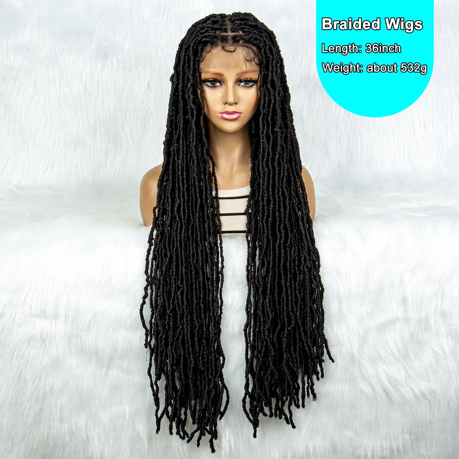 Locs Braided Wigs 36 Inches Full Double Lace Nateral Balck Square Knotless Dreadlock Braiding Wig with Baby Hair for Black Women Synthetic Lace Frontal Long Cornrow Box Braided Wigs (1B)