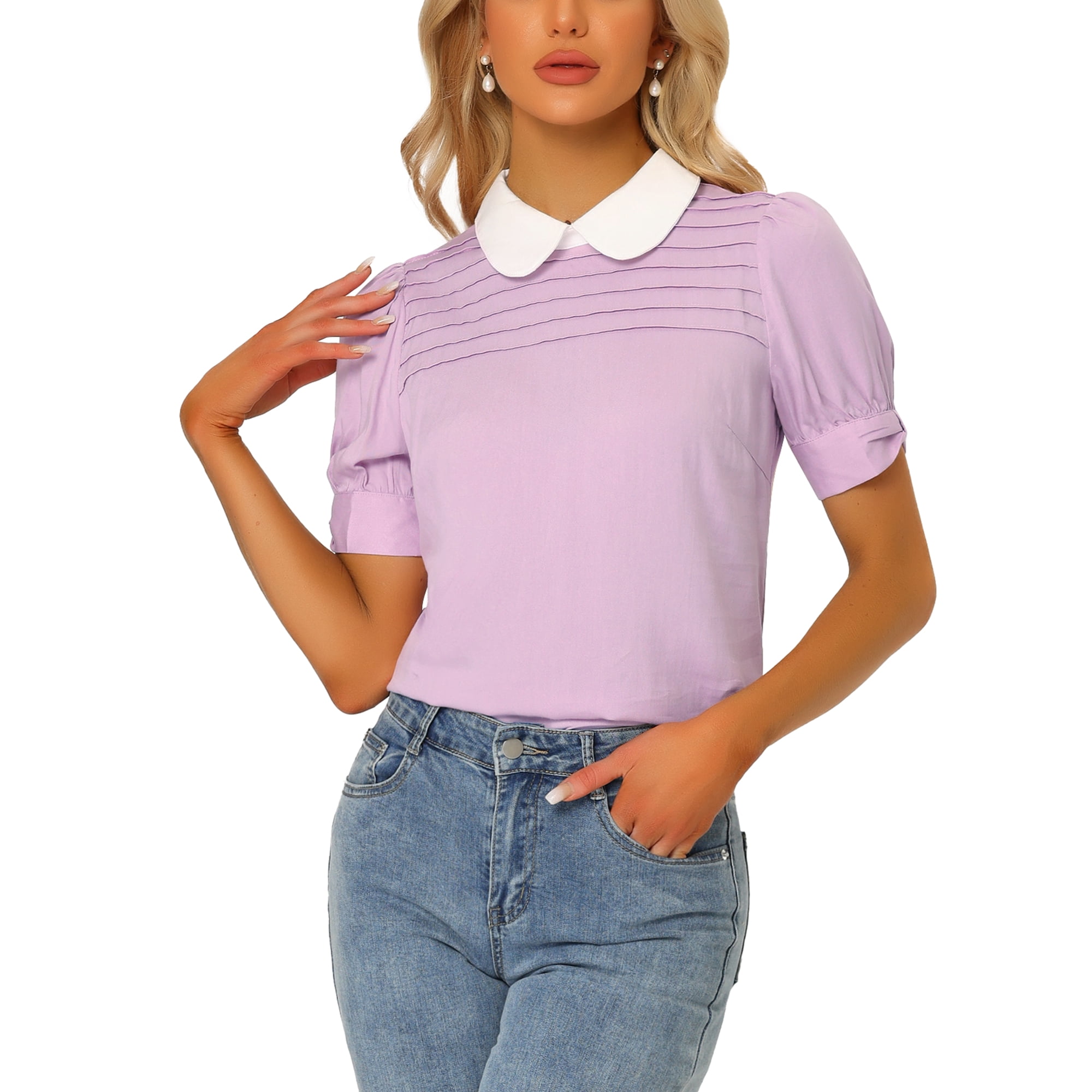 Unique Bargains Women s Peter Pan Collar Puff Short Sleeve Blosue Light Purple XL