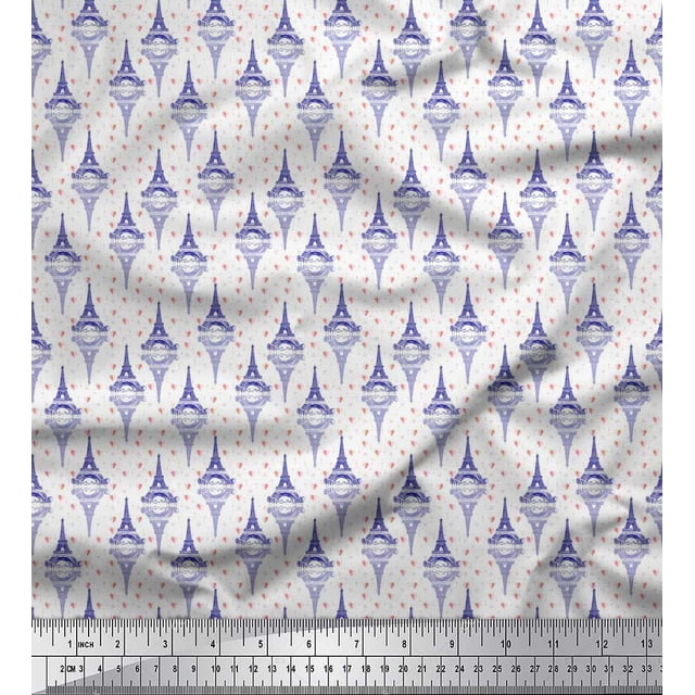 Soimoi Blue Rayon Crepe Fabric Arrow,Heart & Eiffel Tower Architectural Decor Fabric Printed Yard 46 Inch Wide