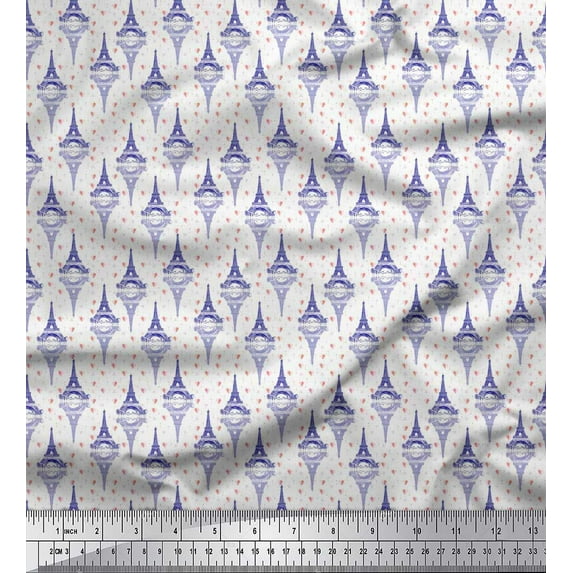 Soimoi Blue Silk Fabric Arrow,Heart & Eiffel Tower Architectural Print Fabric by Yard 42 Inch Wide