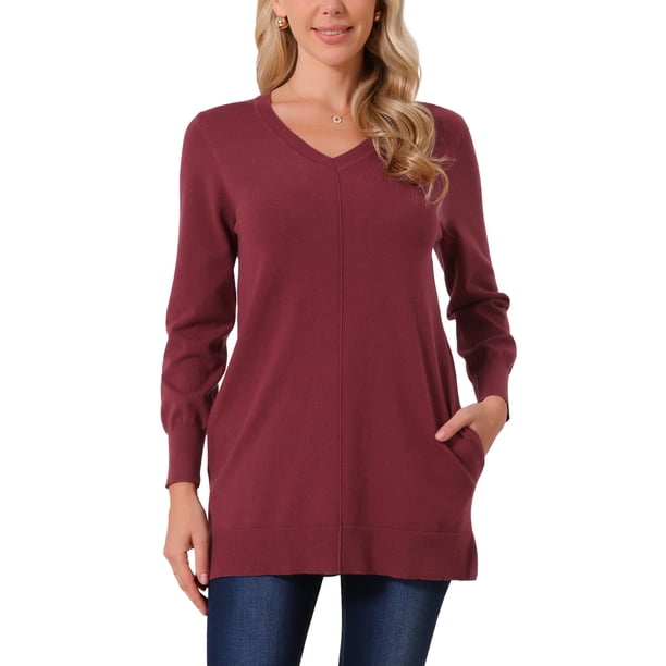 Suéter de otoño e invierno para mujer INSPIRE CHIC, suéter oversized de manga larga con cuello en V y bolsillos, túnica suelta de punto grueso, top S color rojo vino