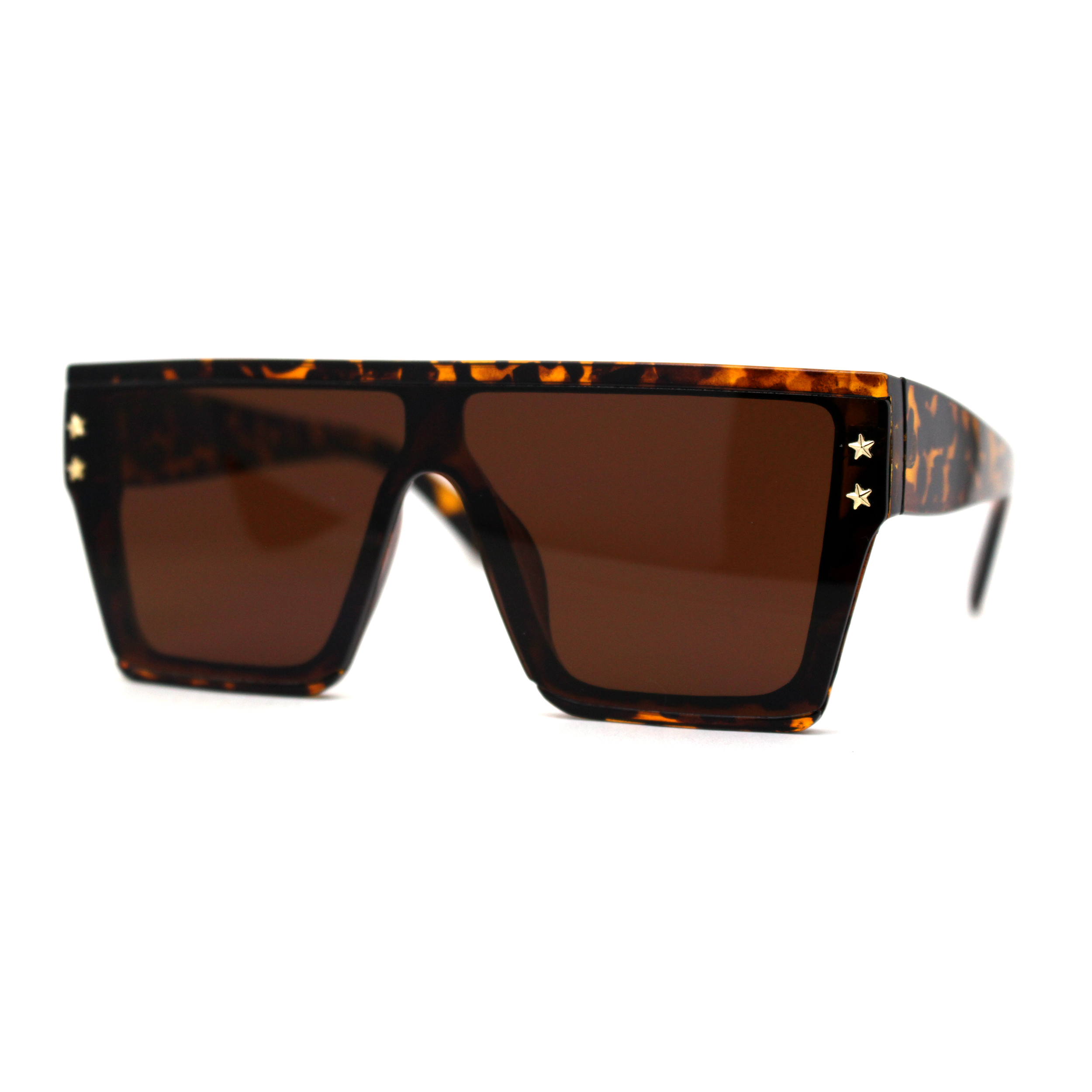 Womens Star Stud Trim Flat Top Shield Mob Plastic Sunglasses Tortoise Brown - image 2 of 4
