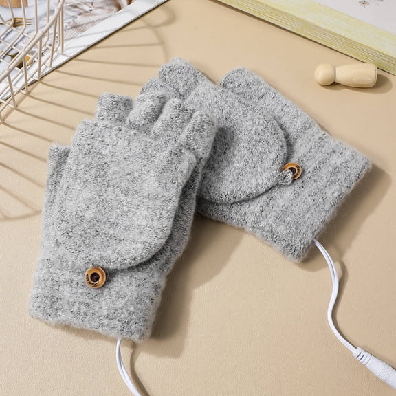 KONTONTY 1 Pair USB Heated Fingerless Winter Gloves Light Grey Mitten for Hiking, Camping and Outdoor Activities