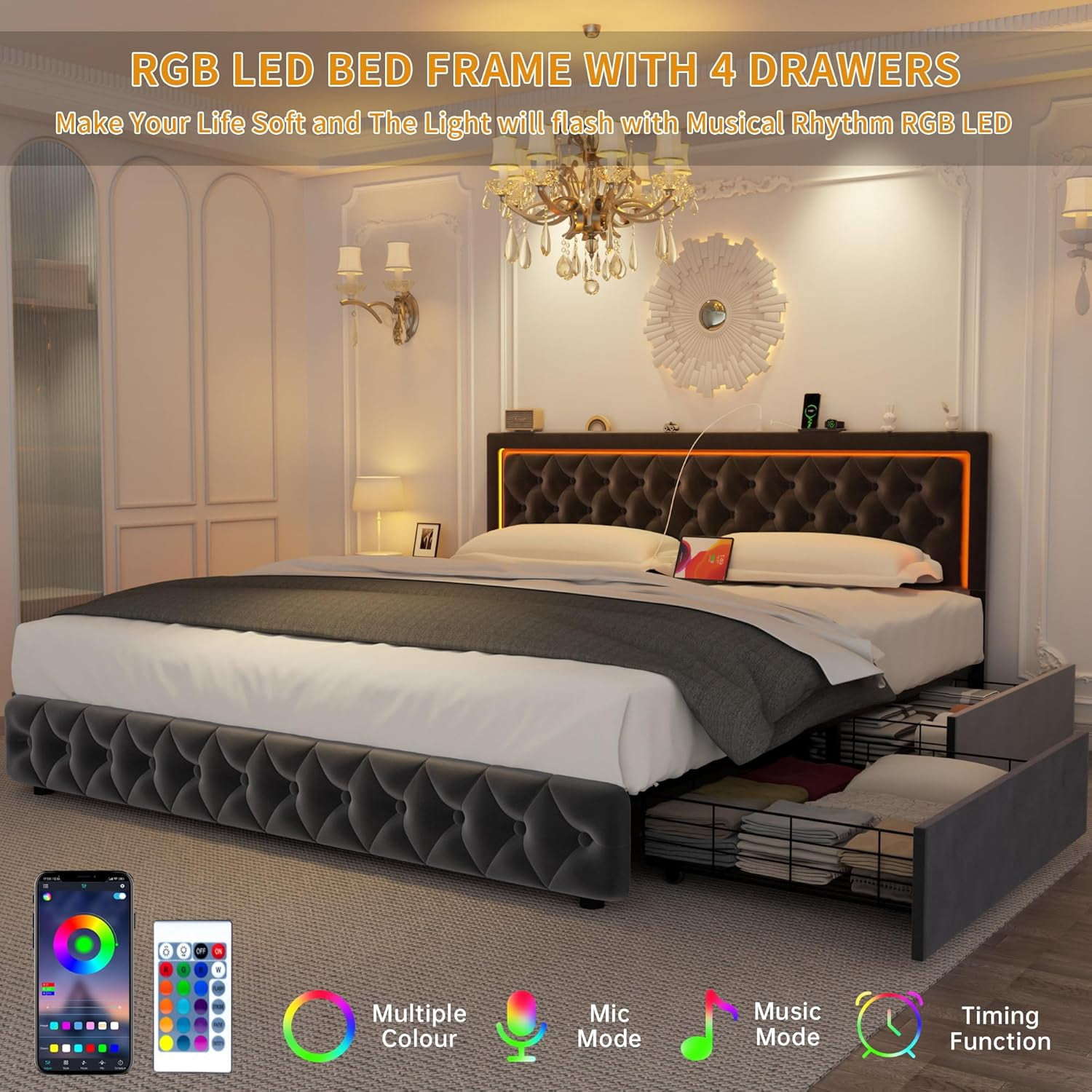 Full Bed Frame with 4 Storage Drawers, Upholstered Platform Bed Frame with Type-C & USB Ports, Adjustable Button Tufted Headboard, Mattress Foundation with Slats Support, No Box Spring Needed, Gray