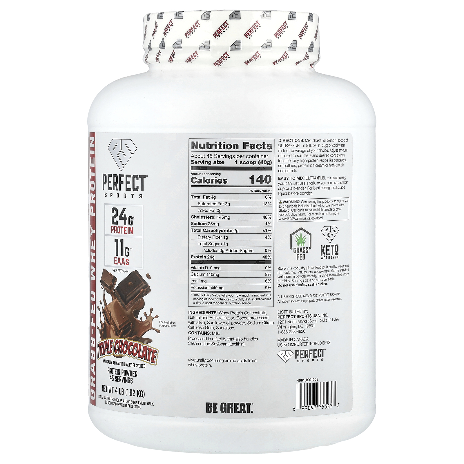 PERFECT Sports Ultra Fuel, Grass-Fed Whey Protein, Triple Chocolate, 4 lb (1.82 kg)