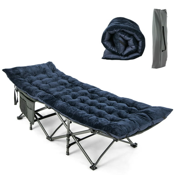 Gymax Wide Foldable Camping Cot Heavy-Duty Steel Sleeping Cot w/Sleeping Mattress Navy