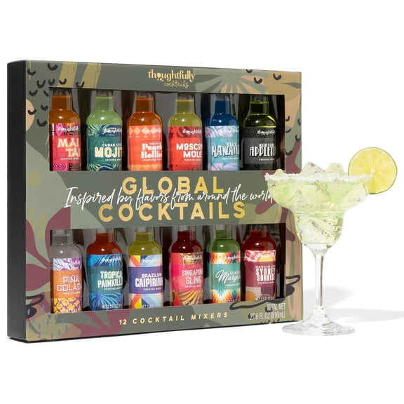 Thoughtfully Cocktails Global Cocktail Mixer Set, Plastic Bottles, Vegan and Vegetarian, Margarita, Moscow Mule and More Flavors, Set of 12, Contains No Alcohol