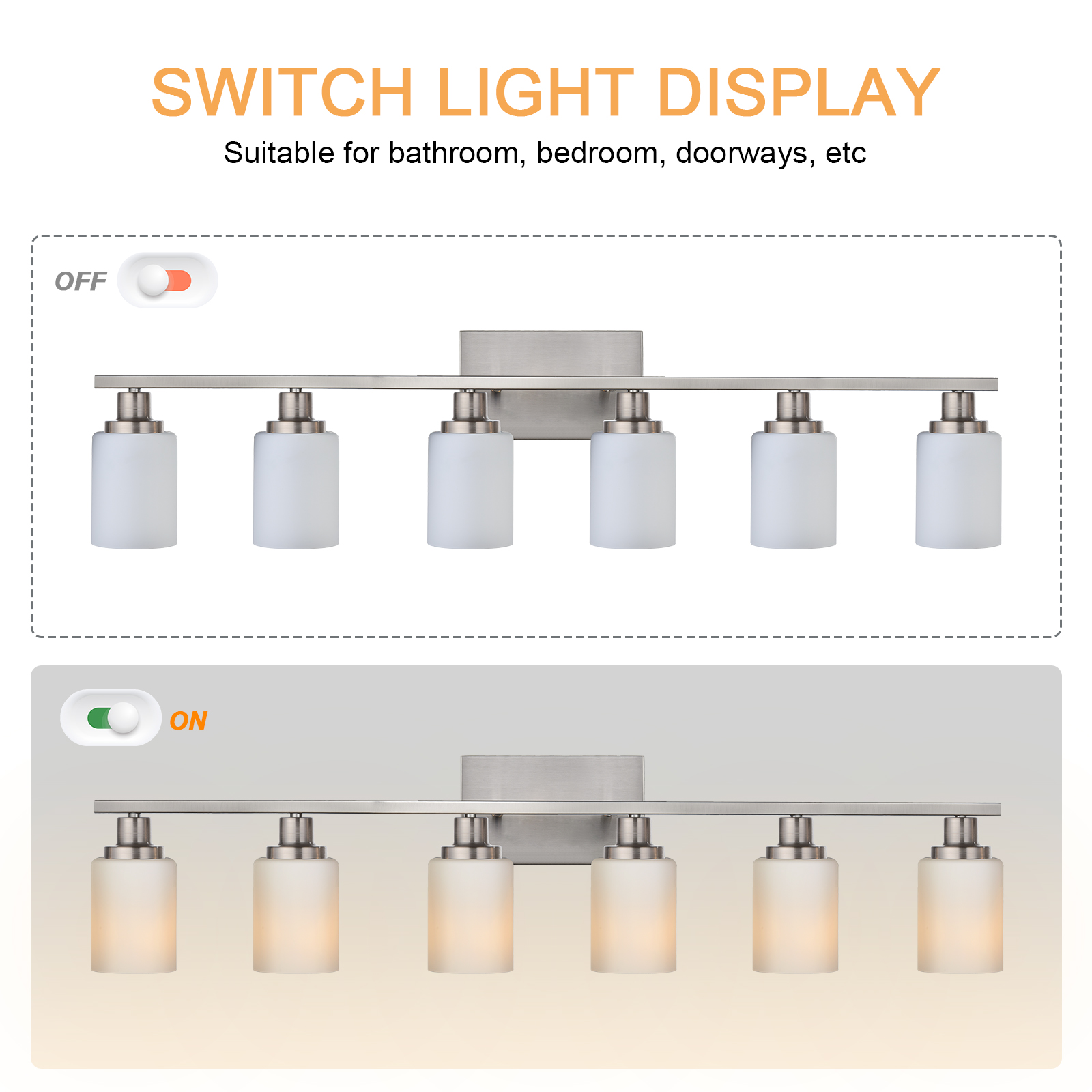 Melucee Modern Bathroom Light Fixtures, 6 Light Vanity Lights, Brushed Nickel Wall Lamp with White Glass for Bathroom