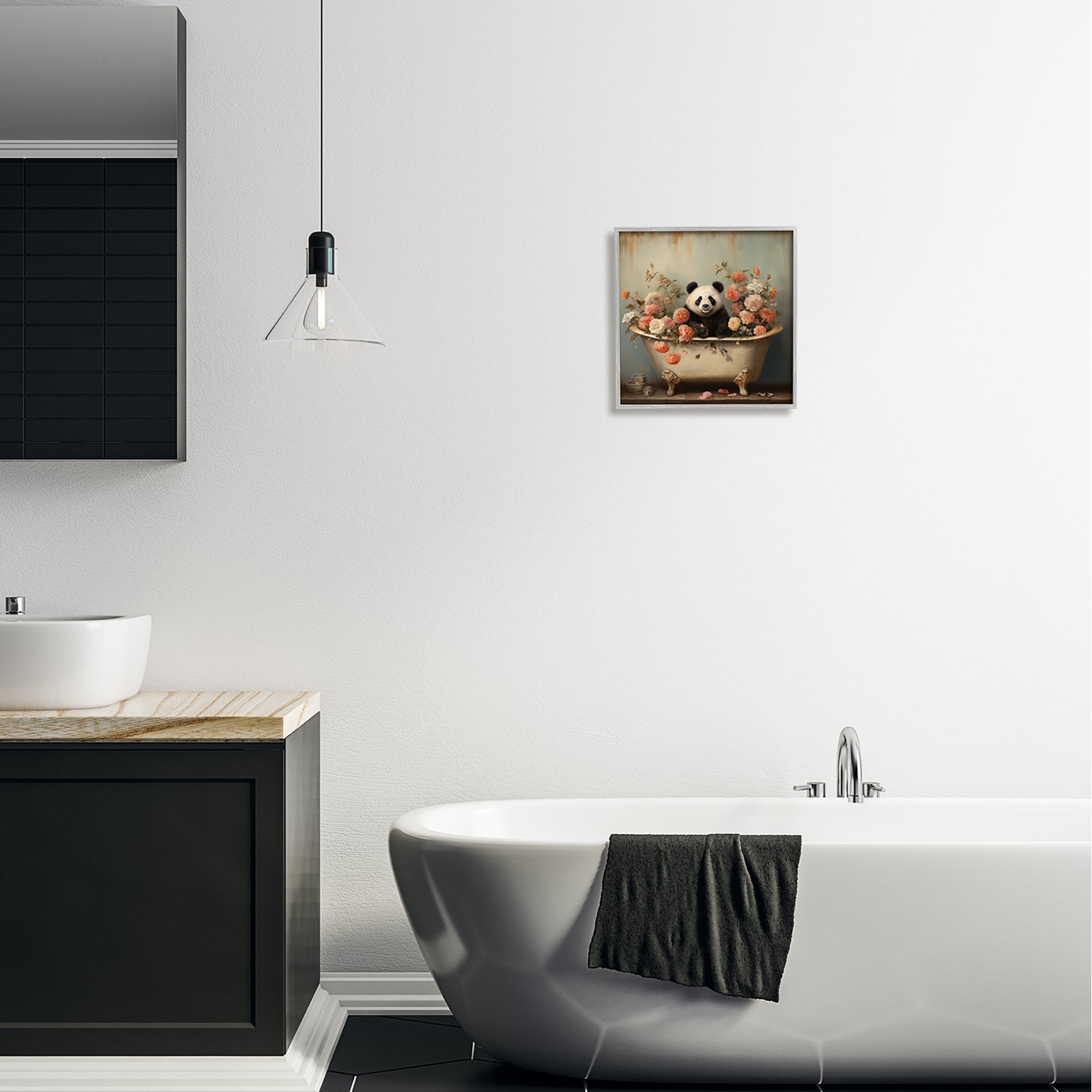 Stupell Industries Panda Bathtub & Blooms Animals & Insects Painting Gray Framed Art Print Wall Art, 12 x 12
