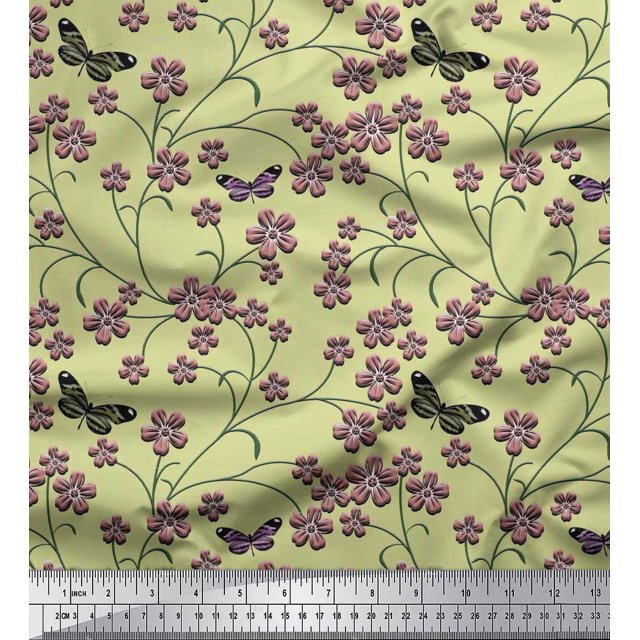 Soimoi Polyester Crepe Fabric Insect,Leaves & Flower Floral Print Fabric by Yard 52 Inch Wide