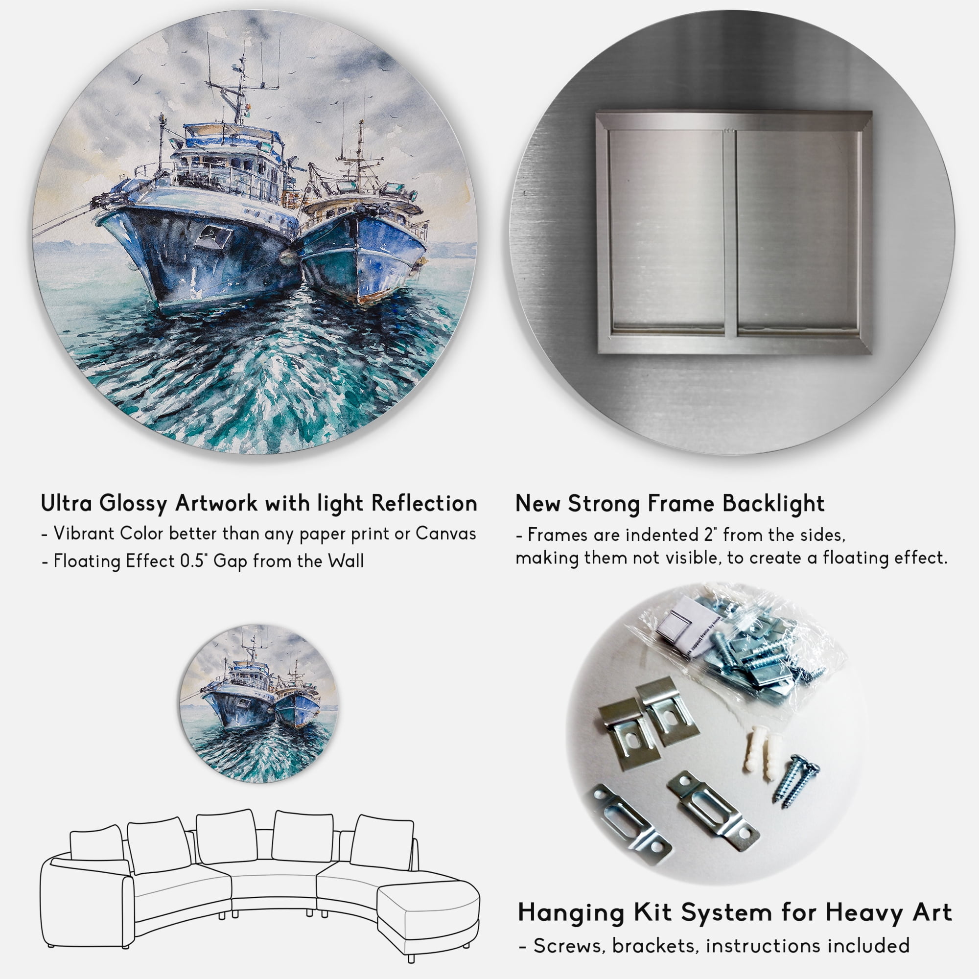 Designart 'Blue Fishing Boats Before A Storm Anchored' Nautical & Coastal Circle Metal Wall Art 29x29 - Disc of 29