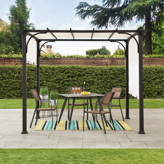 Sunjoy Diego 10x10 ft. Outdoor Patio Brown Steel Classic Frame Pergola with Retractable White Canopy Shade for Backyard, Garden Activities