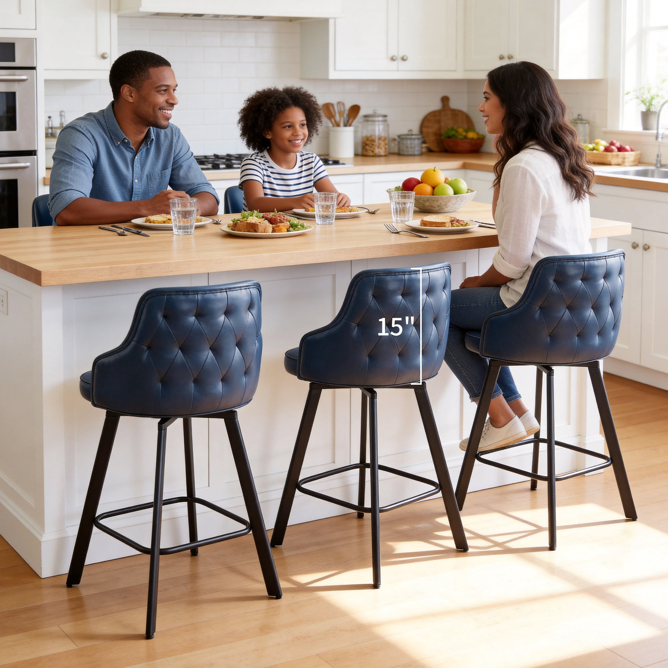 FIRAVOE Bar Stools Set of 3 (High Back) Swivel Barstools (30") Bar Height Bar Stools Faux Leather Bar Chairs for Kitchen Island, Blue