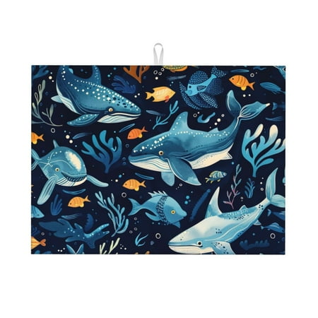 

Xecao Playful Whales Underwater Scene Patten Drying Mat Dish Drying Mats for Kitchen Counter Super Absorbent Dish Drying Pads 18×24 Inch