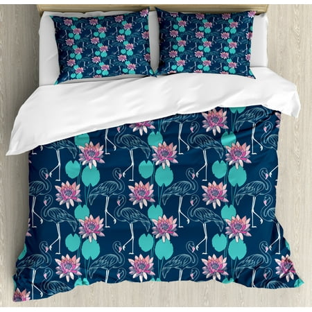 Tropical Duvet Cover Set Queen Size Flamingos And Water Lillies