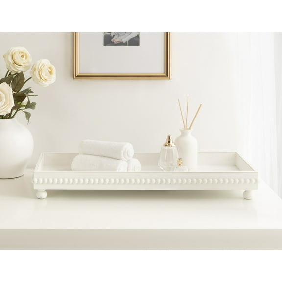 Kate and Laurel Strahm Rectangle Wooden Beaded Display Tray, 10 x 24, White, Lightly Distressed Wood Decorative Footed Tray for Use as Useful Ottoman Tray or Kitchen Serving Tray