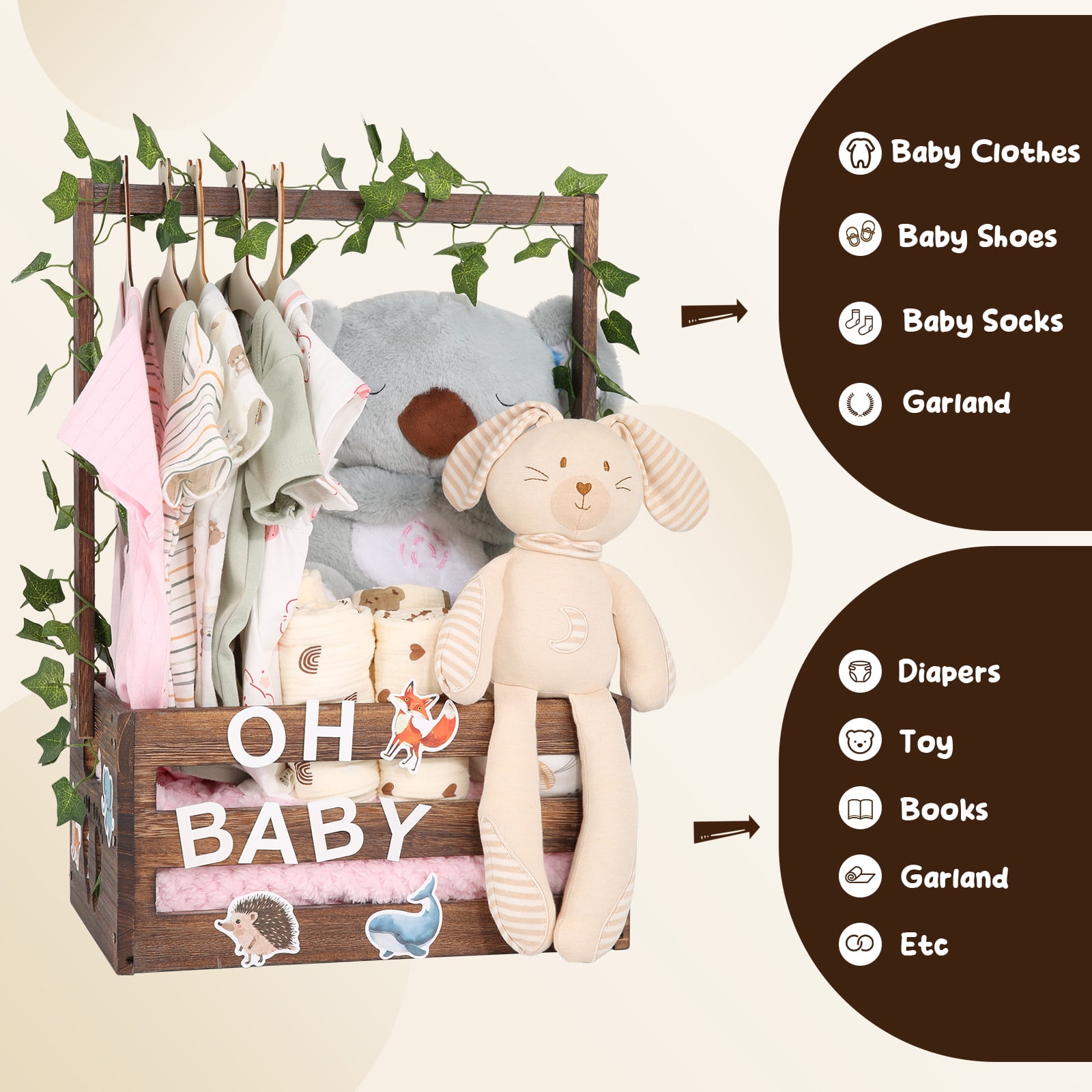 TeSabMi Baby Shower Gift Basket, Wooden Crate with Personalized Letters and Clothes Hangers, Newborn Gift Set (Brown)