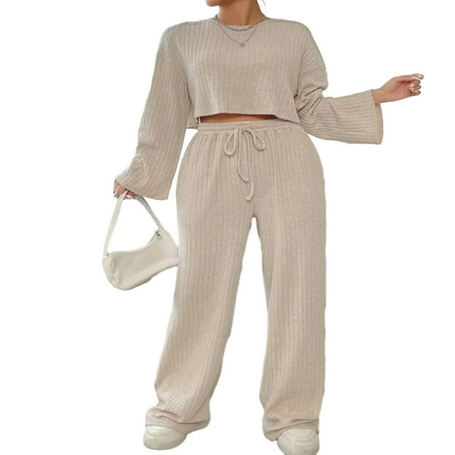 Ensemble Deux Pièces pour Femmes, Tricot Côtelé, Hauts à Cordon de Serrage