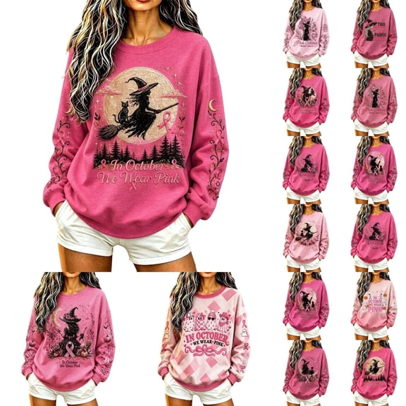 Hearthz Halloween in October We Wear Pink Witch Graphic Womens Sweatshirts Retro Spooky Season Pullover Sweaters for Women Crew Neck Sweatshirts Women