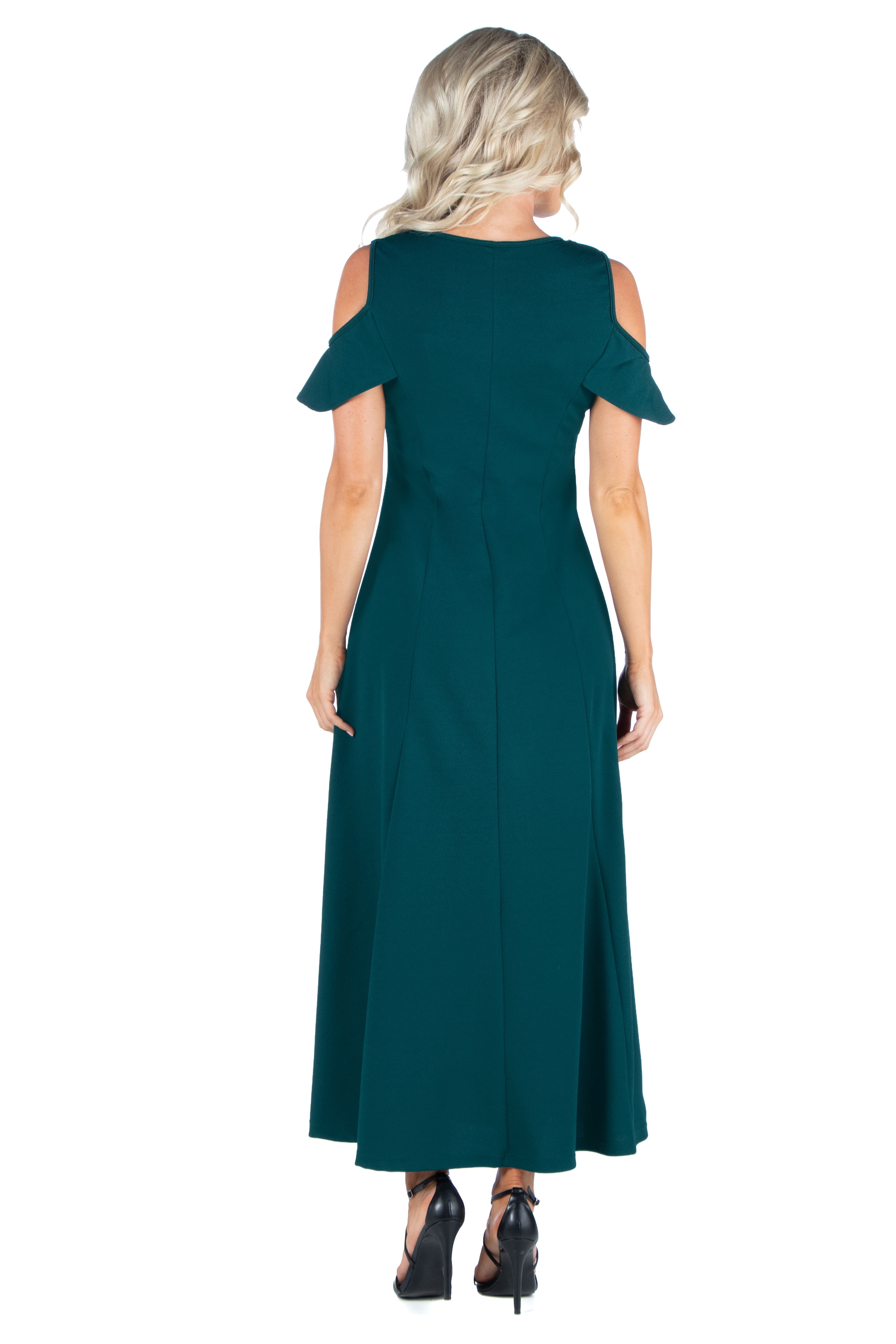 24/7 Comfort Apparel Women's Ruffle Cold Shoulder A Line Maxi Dress