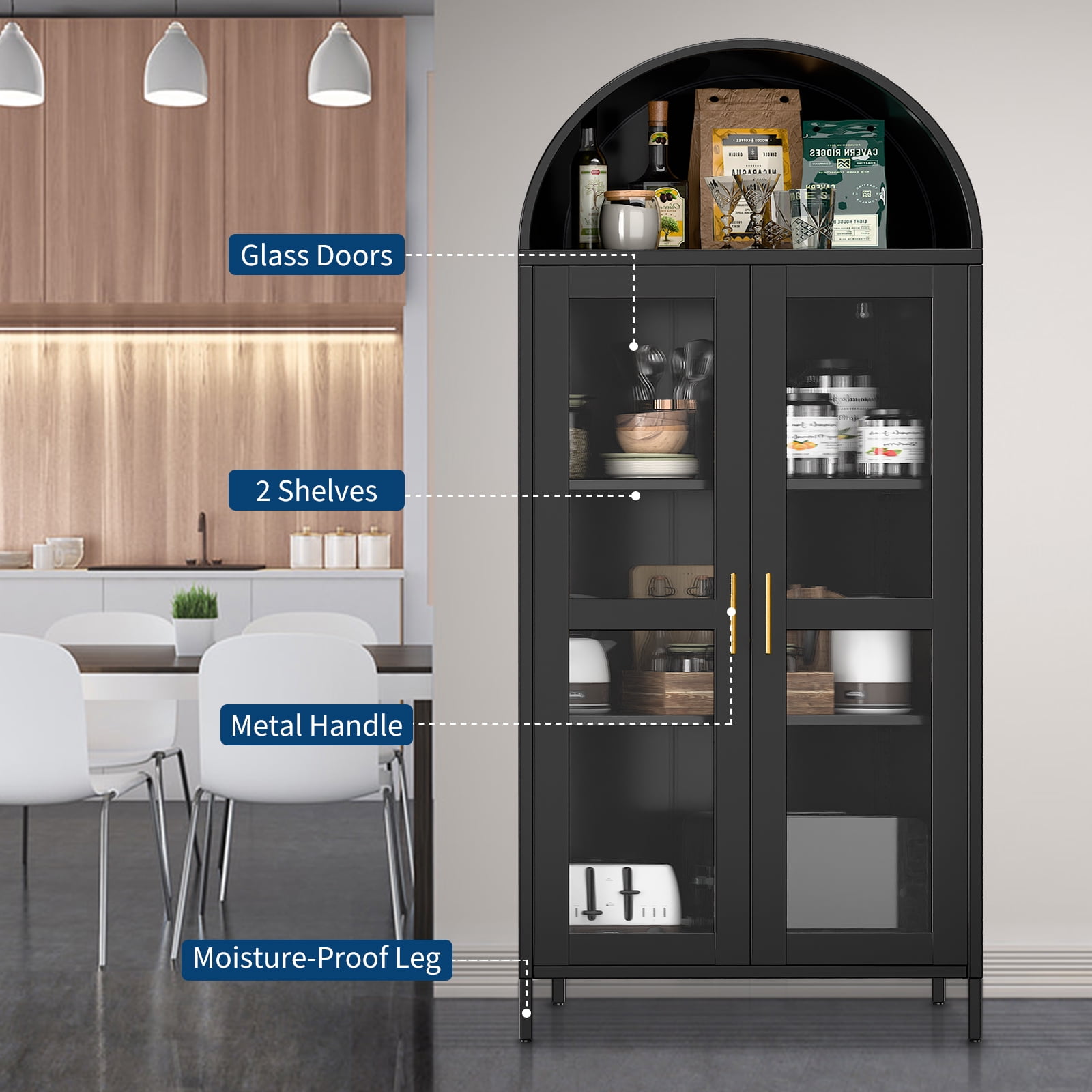 73" Arched Metal Storage Cabinet, Kitchen Pantry Cabinet with Glass Door, 2 Adjustable Shelves,Modern Farmhouse Display Bookshelf ,Freestanding Display Cabinet for Living/Dinning Room Black