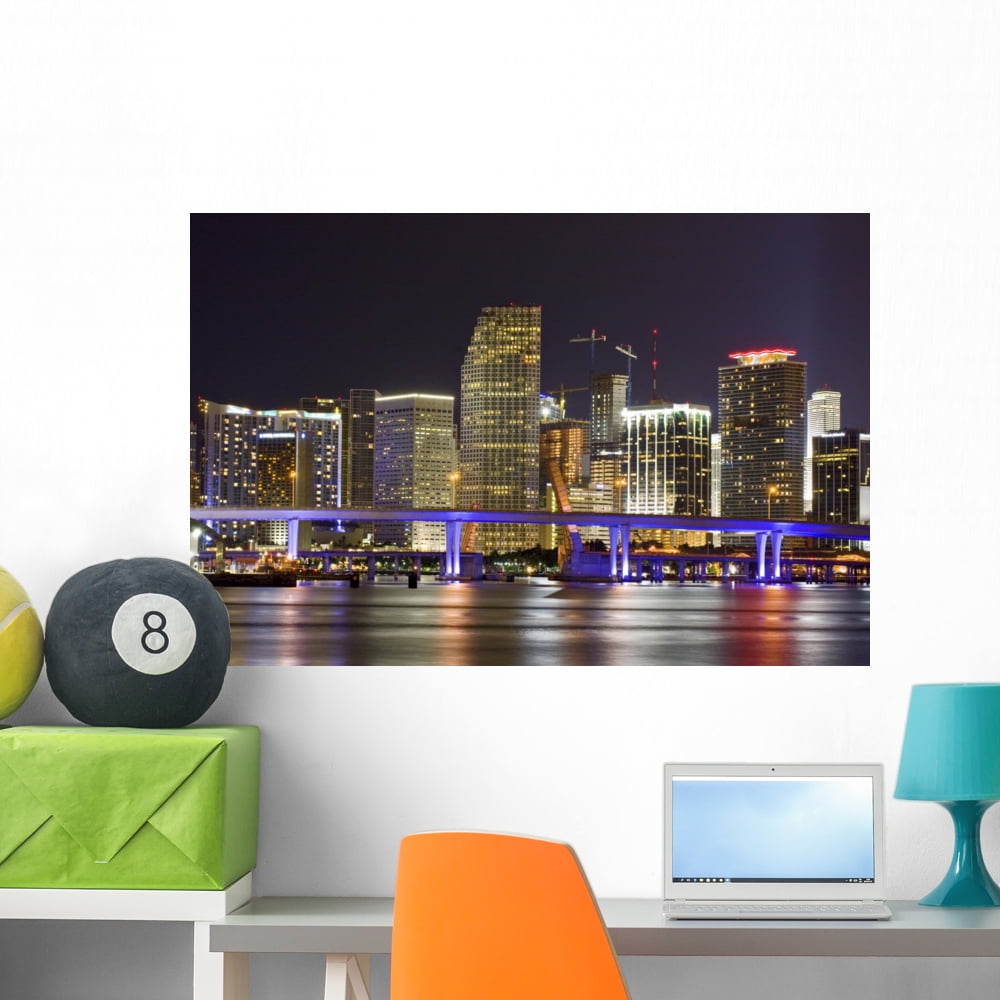 Colorful Night City Miami Wall Mural by Wallmonkeys Peel and Stick