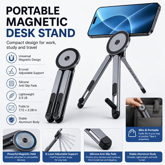 Magnetic Foldable Phone Tablet Stand, Adjustable Magnetic Ring Mount Tripod, Anti-Slip Holder for Phones, Tablets & Laptops, Office Travel Video Recording