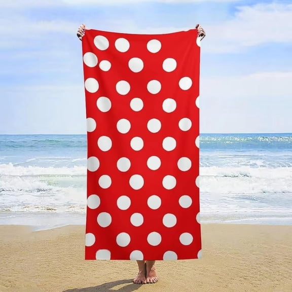1 Super Soft and Absorbent Beach Towel - Red and White Polka Dots, Polyester, Beach and Bath Friendly, Machine Washable