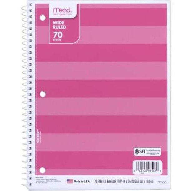 Mead 1 Subject Pink Stripe Notebook