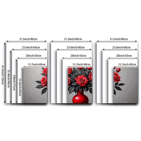 2D Flat, 3pcs Red Roses Black Vases & Burgundy Leaves Frameless Canvas Wall Art Set - Modern Minimalist Vertical Floral Triptych Panels, Spray-Painted White Background Paintings for, Bedroom, Office