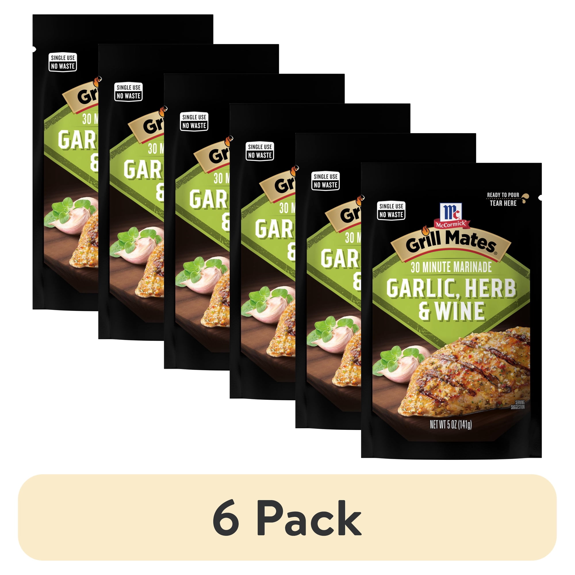 (6 pack) McCormick GRILL MATES Garlic, Herb & Wine 30 Minute Marinade, 5.0 oz Pouch