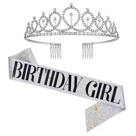 Crystal Rhinestone Bridal Tiara & Birthday Queen Sash, Wedding Crown for Women Flower Girls Birthday Headband