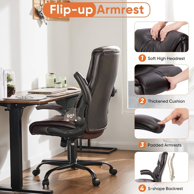 Kelno PU Leather Executive Office Chair with Flip Up Armrest Ergonomic Drafting Chair,Brown