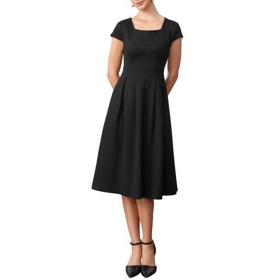 INSPIRE CHIC Retro Dresses for Womens Vintage Square Neck Cap Sleeve Fit and Flare Midi Dress XL Black