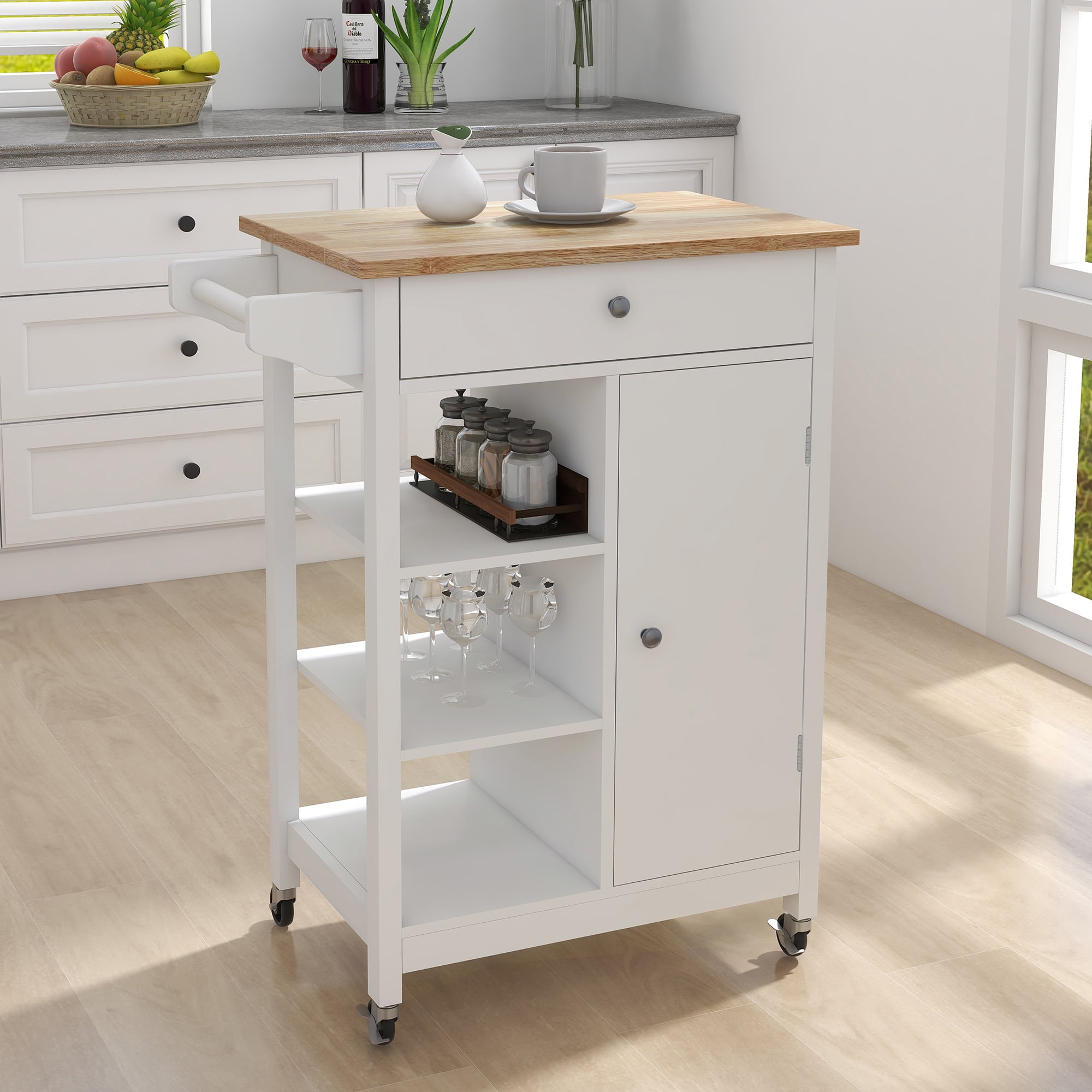 Private Jungle Kitchen Island rolling trolley cart on Wheels with Drawer and Cabinet,Open Shelves and Towel Rack,White Private Jungle Kitchen Island rolling trolley cart on Wheels with Drawer and Cabinet,Open Shelves and Towel Rack,White