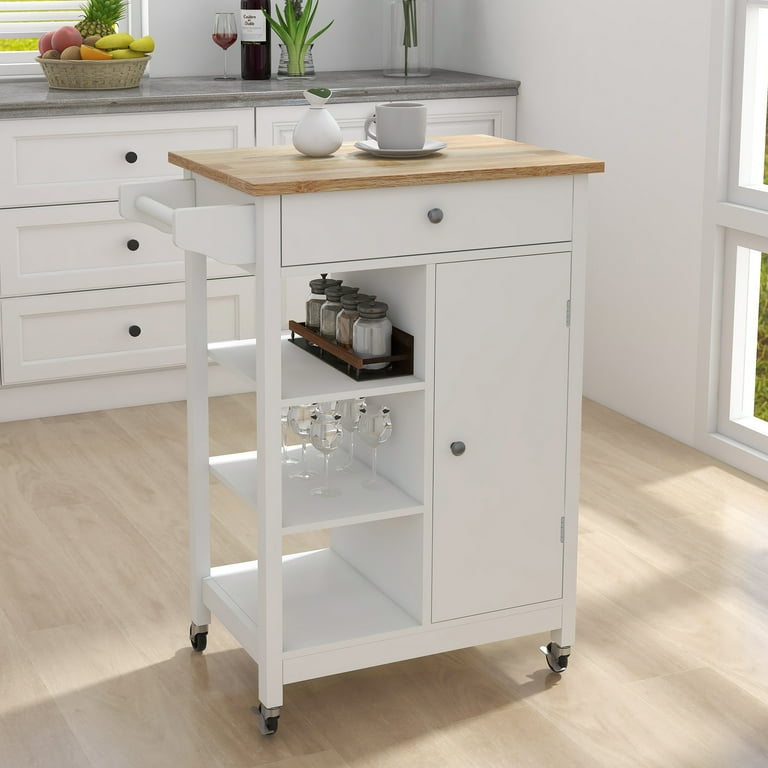 Kumji Kitchen Island Cart with Removable Lockable Wheels Towel Rail Drawers Double Door Cabinet and Solid Rubberwood Worktop Kitchen Island