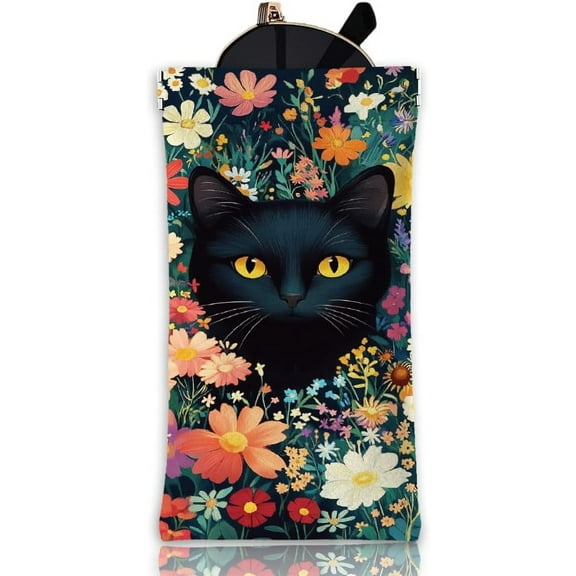 Black Cat Soft Glasses Case Graffiti Wildflowers Squeeze Top Eyeglass Case Travel PU Leather Sunglass Case Portable Sunglasses Pouch for Women Men