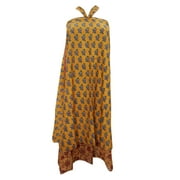 Mogul Women Wrap Around Skirt Reversible Yellow Printed  Silk Sari Two Layer Halter Dress