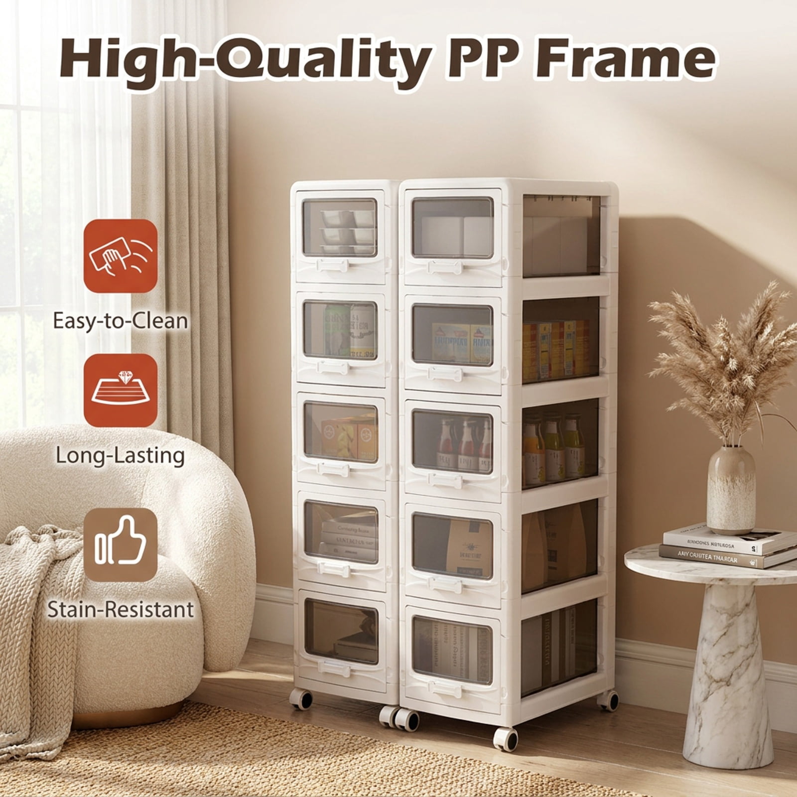Furnibear 5-Tier Plastic Drawer Storage Organizer Rolling Cart with 3/4/5 Drawers and Lockable Wheels for Home Office Filing Document Letter, White