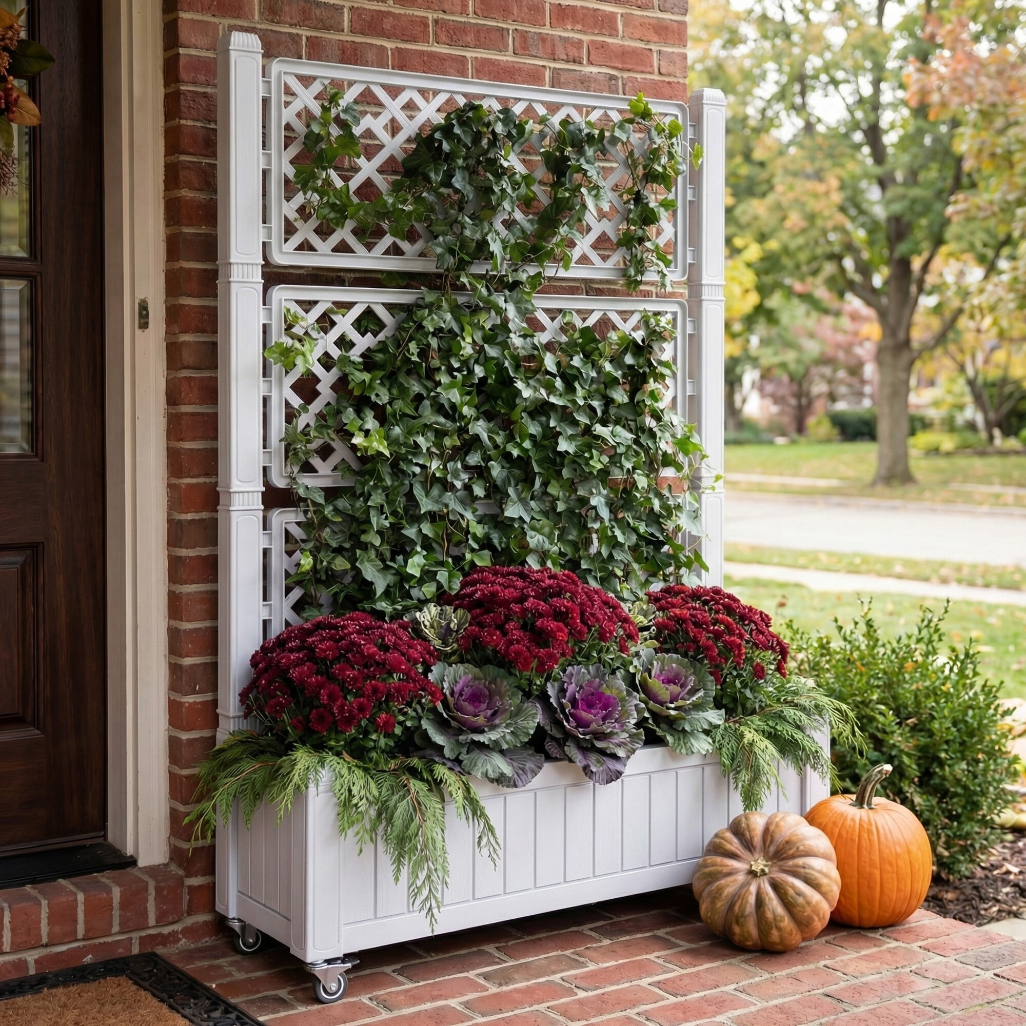 Uforic Outdoor 42.5x14.2x61 in Privacy Screen & Planter Box with Trellis, Raised Garden Bed with Wheels & Drain Plug, All-Weather White Planter for Climbing Plants, Flowers, Herbs