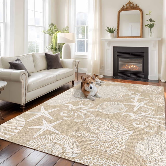 Beige Coastal Large Area Rugs 5x8 ft Nautical Starfish Octopus Coral Summer Washable Rug Non Slip Indoor Carpet Absorbent Floor Mat for Living Room Bedroom Dining Room