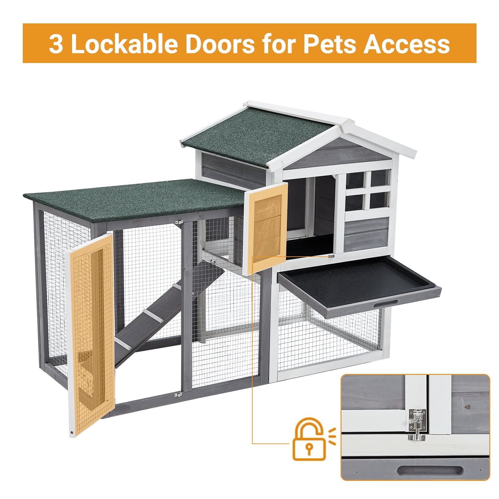 48'' Rabbit Hutch for Small Animals - Wood Pet Cage with Lockable Doors, Weather-Resistant Design, Open Courtyard, Wire Fence, and Cleaning Tray
