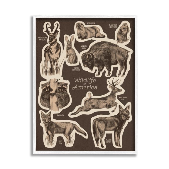 Stupell Industries Wildlife Of America Mixed Animals Chart Brown Background Framed Wall Art, 24 x 30, Design by Lil' Rue