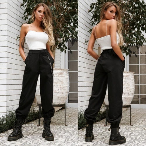 Black high waisted cargo trousers best sale
