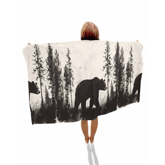 Black Bear Beach Towels Oversized Super Absorbent, Vintage Forest Cabin Animals Silhouette Lightweight Bath Towel Quick Dry Sets For Bathroom/Pool/Rv Camping/Beach Play/Gym Room/Picnic 35"x70"