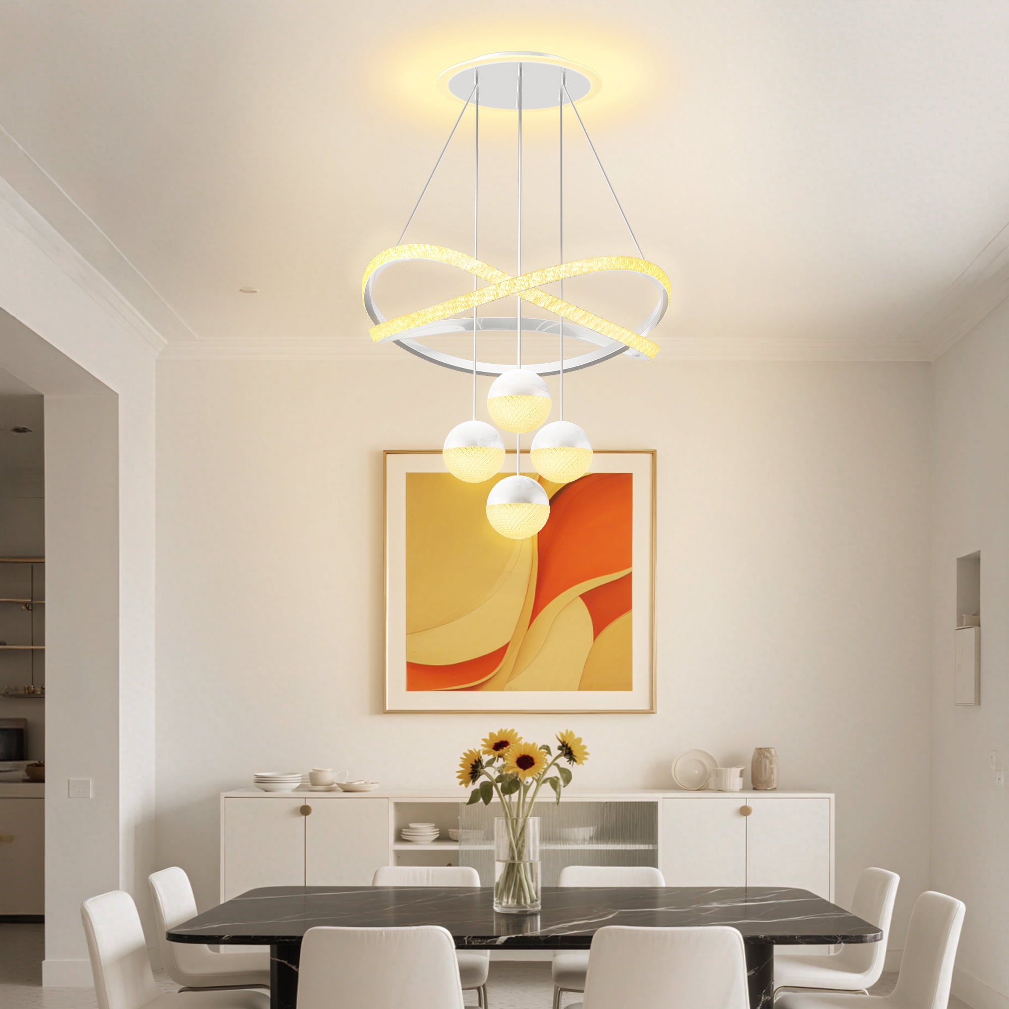 bokifol Modern LED Chandeliers,Dimmable 3-Color Kitchen Island Pendant Light for Dining Room,Bedroom,Living Room,Contemporary Hanging Ceiling Light,Linear Island Lamp,White
